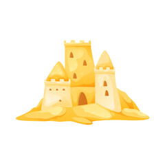 Sandy castle, isolated vector icon or clipart.