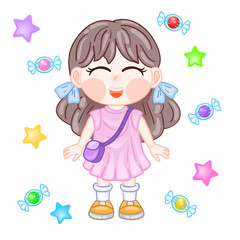 Little girl child with a toy bag, stars, candies. Character with two tails. Kawaii baby in a pink dress. Emotion laughter and closed eyes. For children's products, postcards, toys.
