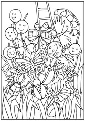 Coloring page with butterflies and beetles for kids. Meadow. Hand drawn  Vector linear illustration for coloring books, party cards, prints, decorations.