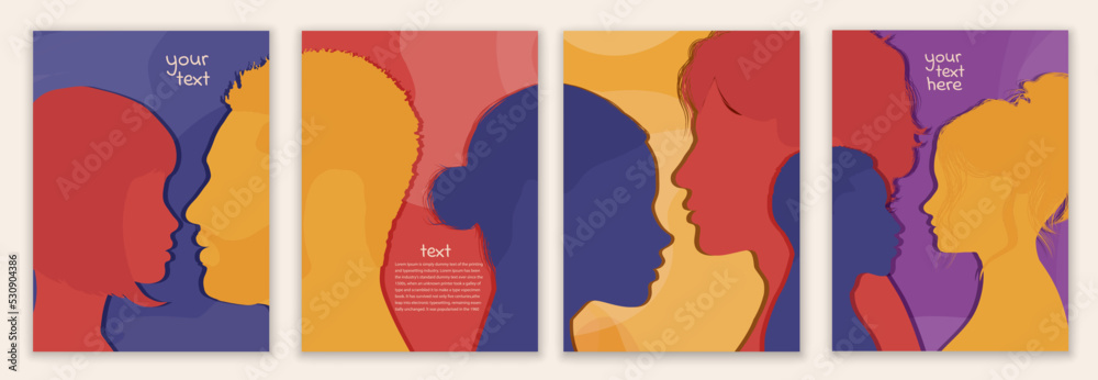 Poster Community collaborators or colleagues. Group diversity silhouette people from the side. Concept of bargain agreement or pact. Collaborate.Co-workers. Banner - web page - poster - template