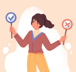 Making business decisions concept. Smiling businesswoman holding sign with tick and cross. Right and wrong decision. True and false opinion. Survey or questionnaire. Cartoon flat vector illustration