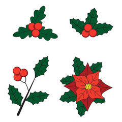 Christmas symbol vector illustration. Cute holly isolated on white background. Vector illustration. Holly berry christmas vector icons, season decoration set, winter plants. Holiday illustration
