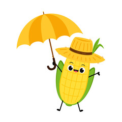 Corn cartoon vector. Cute vegetable vector character isolated on white. Corn in a Peasant hat vector. Farmer hat.