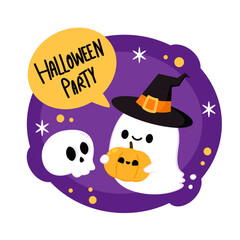 Happy halloween party greeting card with cute ghost. Holidays cartoon character. Trick or treat. Halloween funny cartoon.