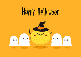 Happy halloween greeting card with cute pumpkin. Halloween vector background. Pumpkin face. Cute ghost cartoon.