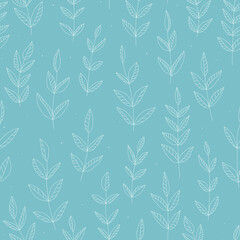 Seamless pattern with hand drawn white ink branches and dots. Vector pattern for textile, paper and other design. 