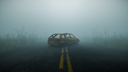 Destroyed abandoned car in the middle of a misty foggy road in the woods