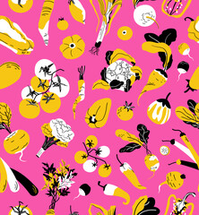 Bright Vegetables seamless pattern on pink background. Flat colorful background for farmers market, vegan menu. Cute veggies in fresh summer autumn print design for kitchen textile