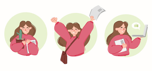 Young girl getting a job. Girl with a cactus, joyful woman, girl with a laptop. Girl happy about promotion at work. Illustration set in flat style