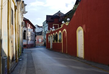 city streets with low houses