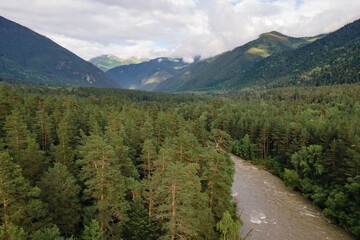 Fototapeta na wymiar Aerial shot of rapid river in pine forest in mountain valley
