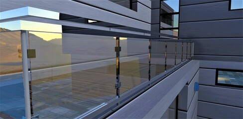 Stylish balcony glass railing with steel fittings and chrome railings. Reflection of a mountain landscape on a shiny surface. 3d render.