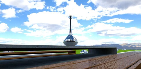 A jar with shiny contents on a concrete table reflects a country private house and a blue cloudy sky. 3d render.