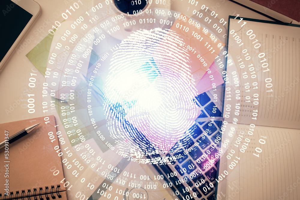Aufkleber Finger print over computer on the desktop background. Top view. Double exposure. Concept of securitization.