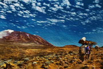 Fototapeta premium Porters walking on a dirt trail beside the Mount Kilimanjaro. This Tanzanian dormant volcano is also the highest place of Africa. Oil paint filter.