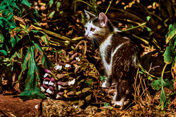 Close-up of a cat walking like in a hunt, in a courtyard full of plants near Elvas. A rural city in Portugal. Oil paint filter.