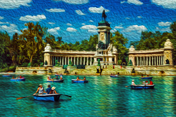 People paddling boats on the reflecting pool at El Retiro Park in Madrid. The capital of Spain, with an intense cultural life. Oil paint filter.