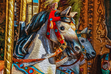 Fototapeta na wymiar Colorful detail of horses on carousel at sunset in the city of Florence. The amazing capital of the Italian Renaissance. Oil paint filter.