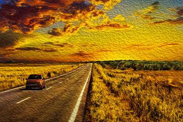 Car in a straight road passing through rural landscape with fields and sundown, near the Monfrague National Park in Spain. Oil paint filter. - obrazy, fototapety, plakaty