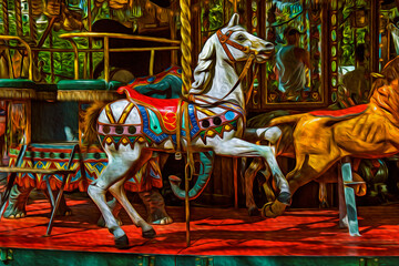 Colorful carousel with white horse in an amusement park of Annecy. An historical and lovely lakeside town located in France. Oil paint filter.