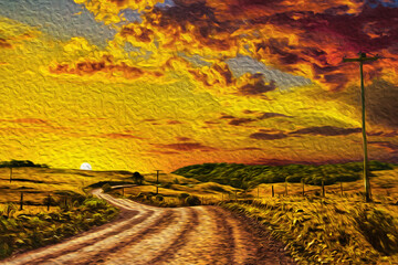 Deserted dirt road passing through rural lowlands called Pampas with hills and sundown, near Cambara do Sul in southern Brazil. Oil paint filter.