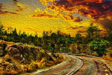 Curved road passing through a forest on rocky landscape at sundown in the Serra da Estrela, Portugal. Oil paint filter.