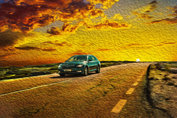 Roadway with car passing through rocky landscape at sundown in the Serra da Estrela, Portugal. Oil paint filter.