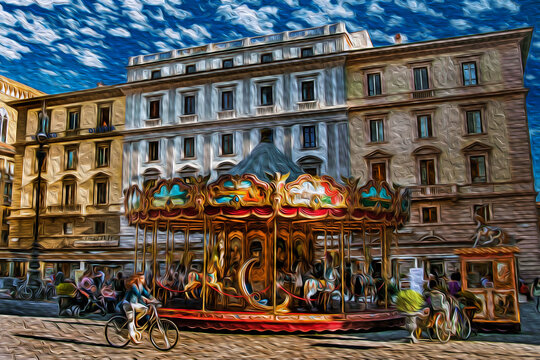 Carousel in a square with buildings and people in Florence. The famous and amazing capital of the Italian Renaissance. Oil paint filter.