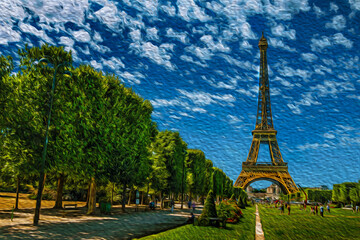 People in a garden with the charming Eiffel Tower in the background, in a sunny day at Paris. The charming capital of France. Oil paint filter.