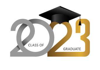 Class of 2023, elegant card in black, gold for banners, flyers, greetings, invitations, business diaries, congratulations and posters at the prom. Vector illustration. Graduation, class of 2023