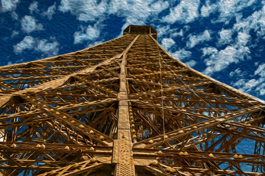 Perspective view from the bottom of the iron structure of Eiffel Tower in Paris. The charming capital of France. Oil paint filter.