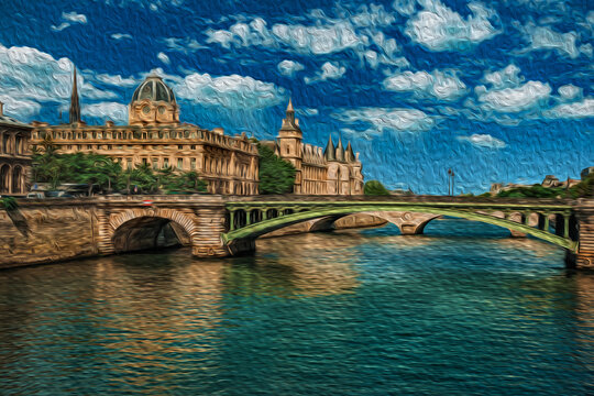 Bridge over the Seine River with the Conciergerie building in the background in Paris. The charming capital of France. Oil paint filter.