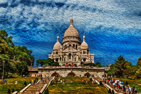 People on staircase going uphill with the Basilica of Sacre Coeur on top, in Paris. The charming capital of France. Oil paint filter.