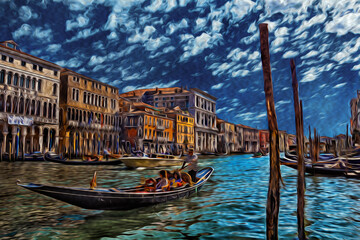Buildings and gondola in front of the Grand Canal in a sunny day at Venice. The historic and amazing marine city in northern Italy. Oil paint filter.