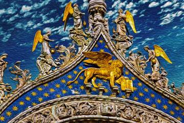 Sculptures and frontispiece made in marble and gold on the San Marco Basilica in Venice. The historic and amazing city in Italy. Oil paint filter.