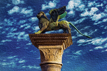 Column with the winged lion, symbol of Venice, in Piazza San Marco, Venice. The historic and amazing marine city in northern Italy. Oil paint filter.