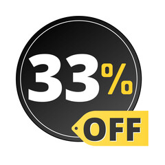 33% off limited special offer. Discount banner in black and yellow circular balloon. Thirty three 