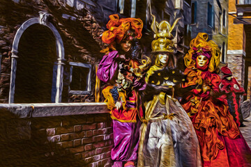 Carnival revelers wearing colorful costumes with masks at the Carnival of Venice. The historic and amazing city full of canals and palaces in Italy.