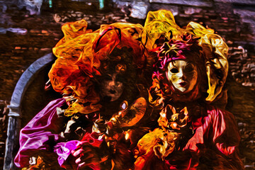 Carnival revelers wearing colorful costumes with masks at the Carnival of Venice. The historic and amazing city full of canals and palaces in Italy.