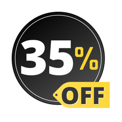 35% off limited special offer. Discount banner in black and yellow circular balloon. Thirty-five 