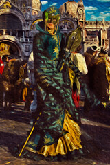 Carnival reveler wearing colorful costume with mask at the Carnival of Venice. The historic and amazing city full of canals and palaces in Italy.