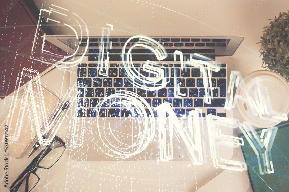 Poster Blockchain theme hologram drawings over computer on the desktop background. Top view. Double exposure.