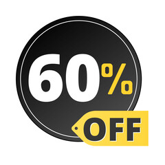 60% off limited special offer. Discount banner in black and yellow circular balloon. Sixty 