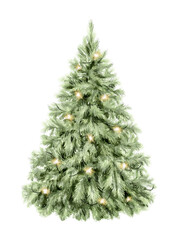 Watercolor vintage green classic Christmas tree with garland isolated on white background. Hand drawn illustration sketch