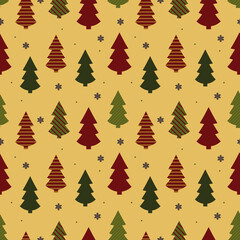 Vector winter seamless pattern. Illustration of new year trees and snowflakes. Merry Christmas and happy New Year. Christmas background. Winter wrapping.