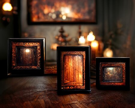 three old wooden frames on victorian mansion table for digital art print mockups with cozy background lights