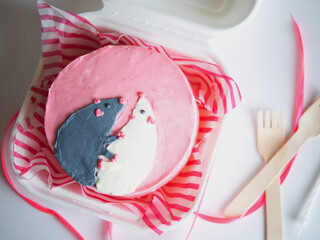 cute bento cake with white and gray mouse, korean lunch box