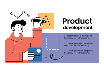 Template for business presentation. Product development. Slide with male programmer creating digital product. Design element for flyer or website. Cartoon flat vector illustration isolated on white