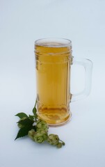 Oktoberfest concept. A glass of beer and a branch of hops on a white, light pastel background. Space for copy, postcard.