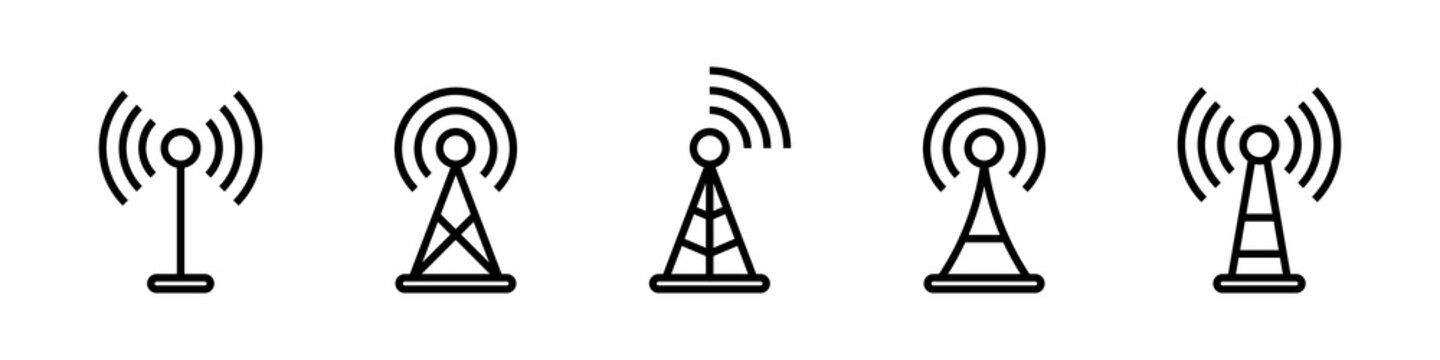 Antenna icon set. Radio antenna icon. Communication towers collection. Radio tower icons. Transmitter receiver wireless signal icons. Vector EPS 10